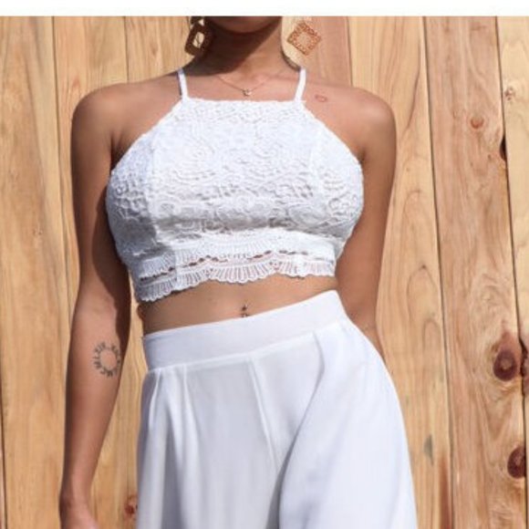Boho White Crochet Lace Strappy Back Top Wide Leg Pants Set 2 Piece Outfit - Picture 5 of 6